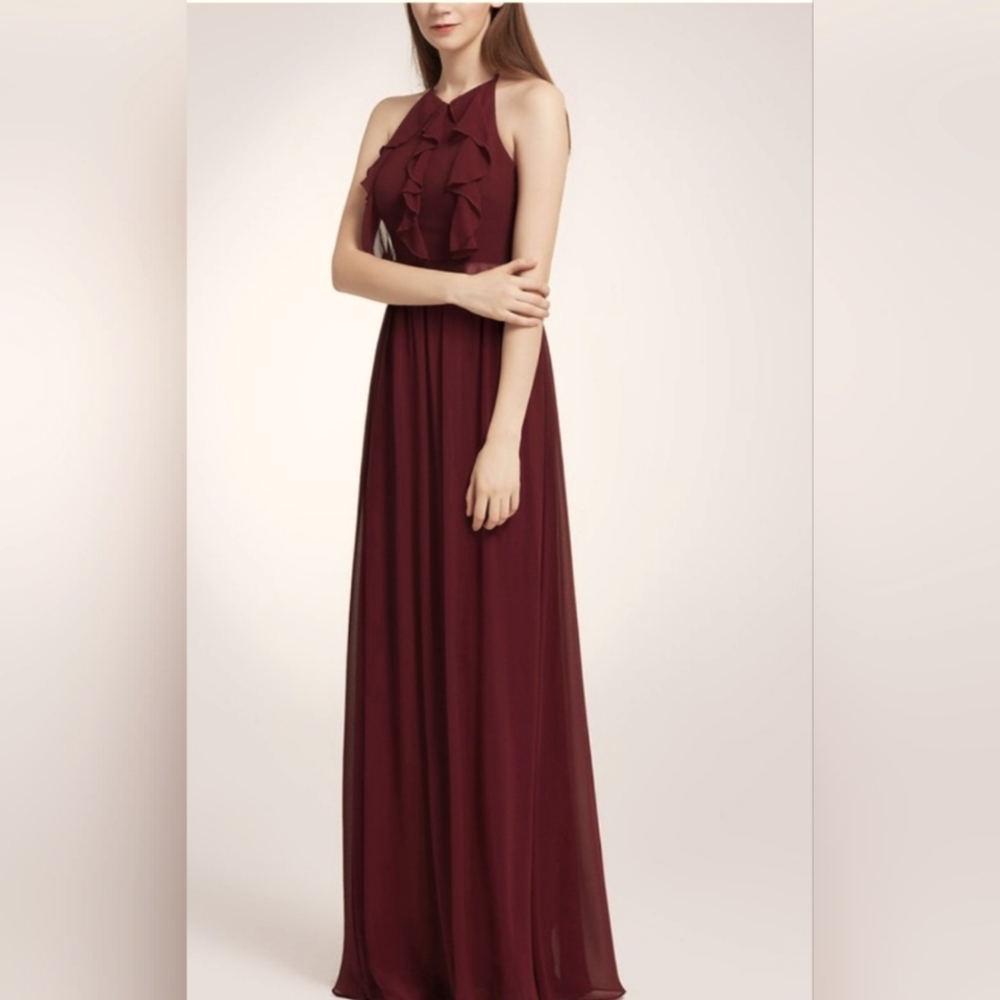 Burgundy Ruffle-Bodice Halter Gown -- Women